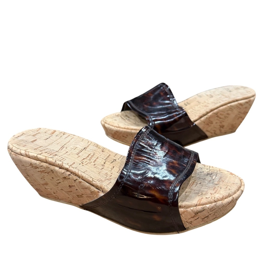Stuart Weitzman Tortoise Patent Leather Cork Wedge Sandals Boho Chic Size 6